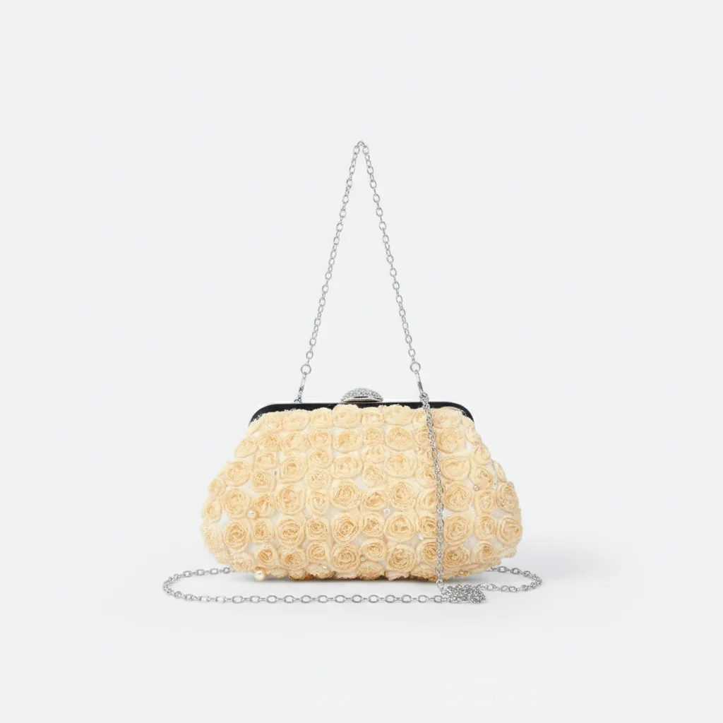 Sac soirée perles et fleurs ivoire