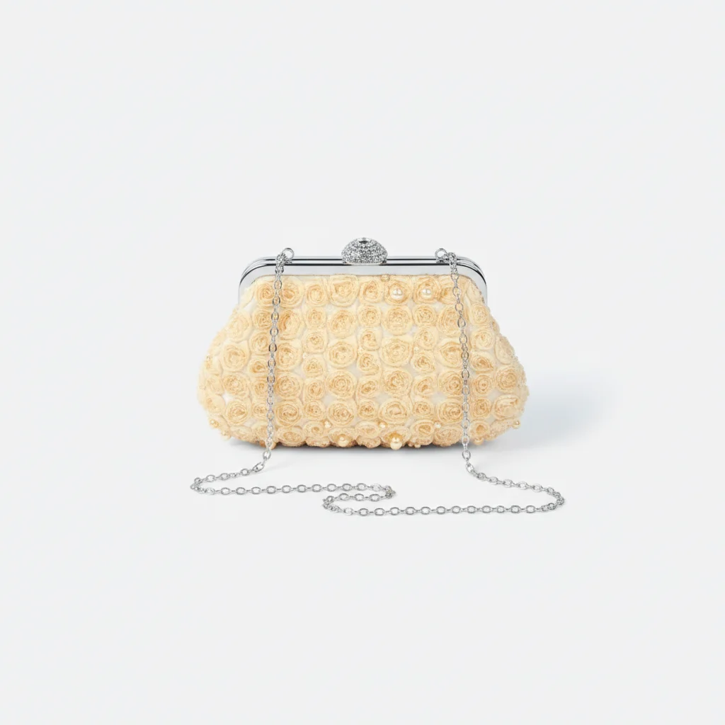 Sac soirée perles et fleurs ivoire – Image 3
