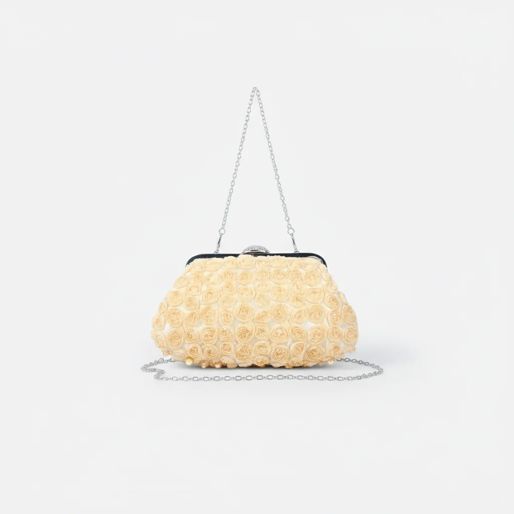 Sac soirée perles et fleurs ivoire – Image 4