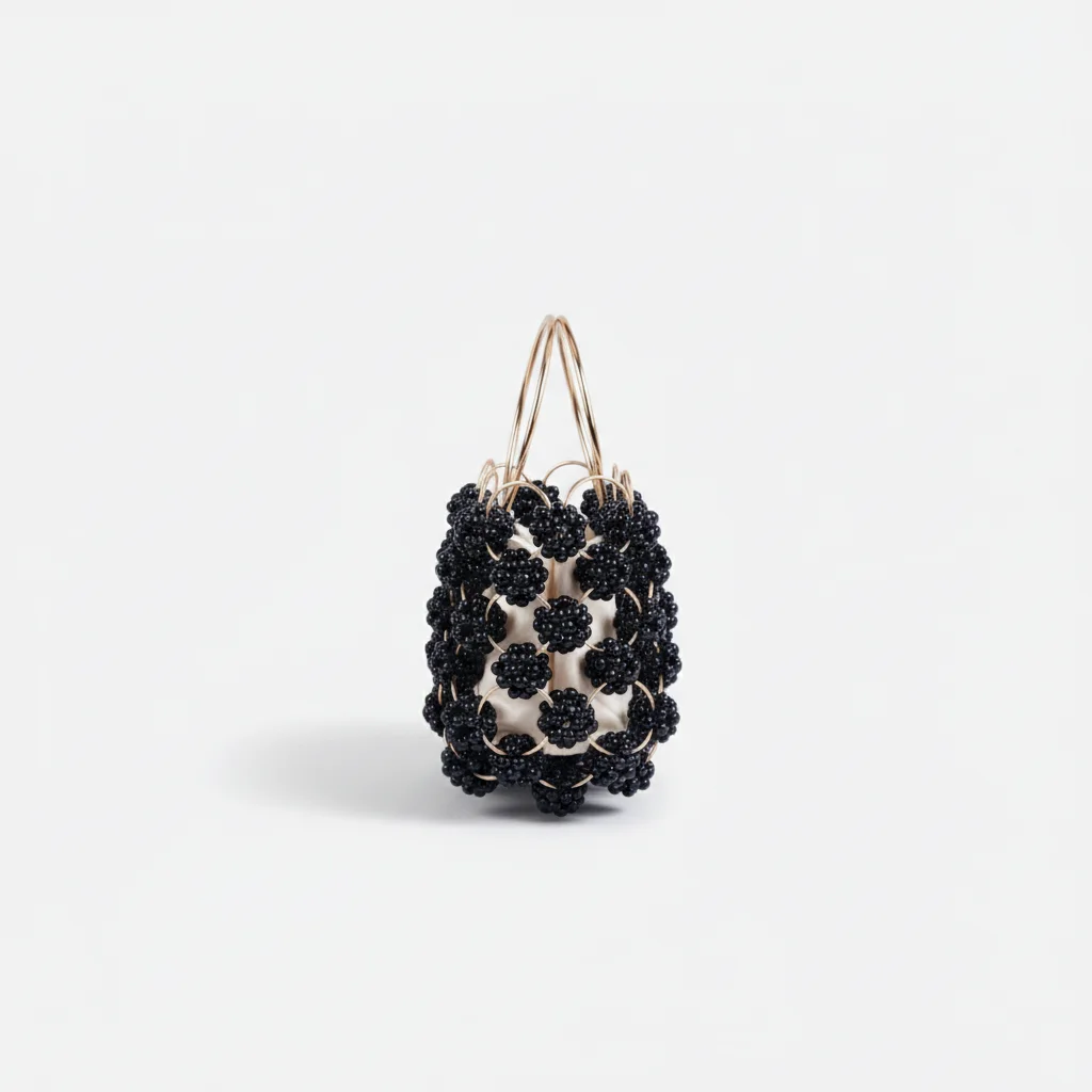 Sac soirée perles noires et anse dorée – Image 2